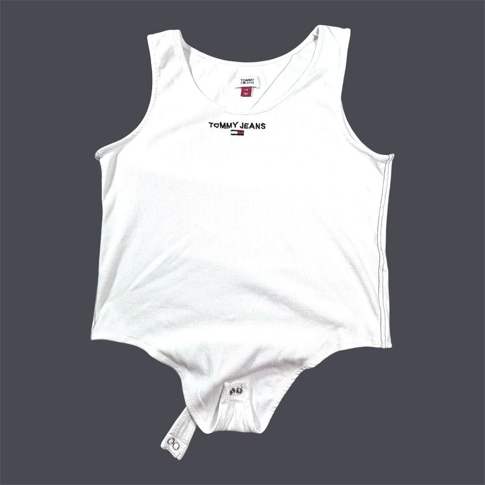 Vintage TOMMY HILFIGER Bodysuit White Ribbed Knit Embroidered Logo Women’s L